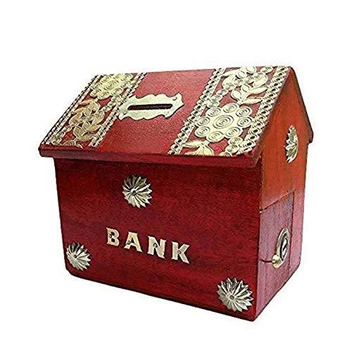 Wooden Money Bank for Kids, Red Colour, Coin Saving Gullak - ADRO CLOTHING AND ACCESSORIES