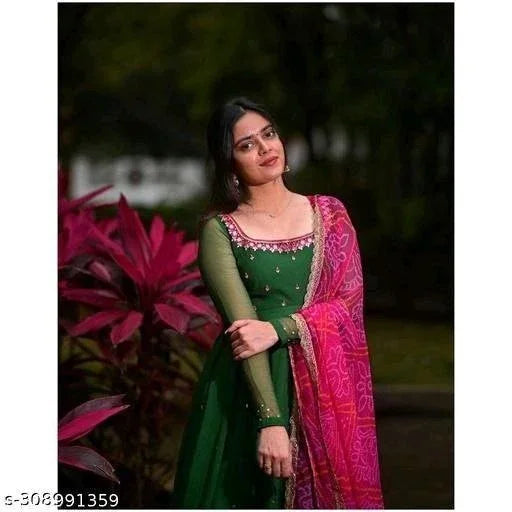 Women's Georgette Gown Kurta with Dupatta – Elegant Ethnic Dress Set - ADRO CLOTHING AND ACCESSORIES