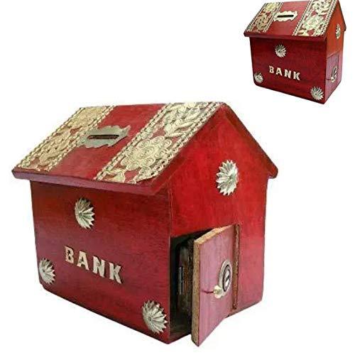 Wooden Money Bank for Kids, Red Colour, Coin Saving Gullak - ADRO CLOTHING AND ACCESSORIES
