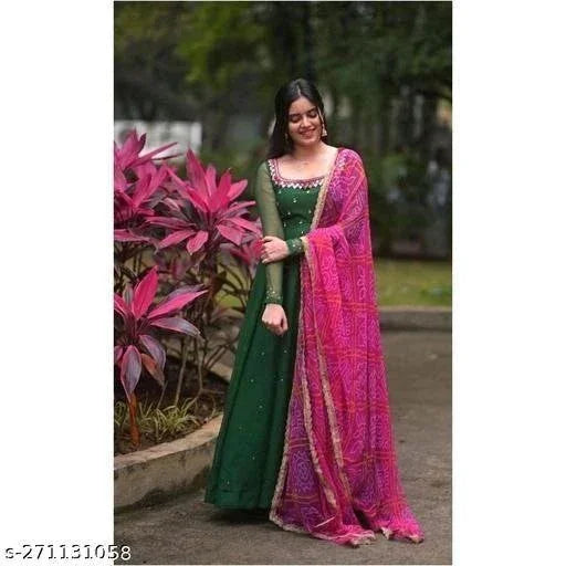 Women's Georgette Gown Kurta with Dupatta – Elegant Ethnic Dress Set - ADRO CLOTHING AND ACCESSORIES