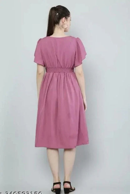 Women Pink Solid Viscose Rayon Fit And Flair Dress - ADRO CLOTHING AND ACCESSORIES