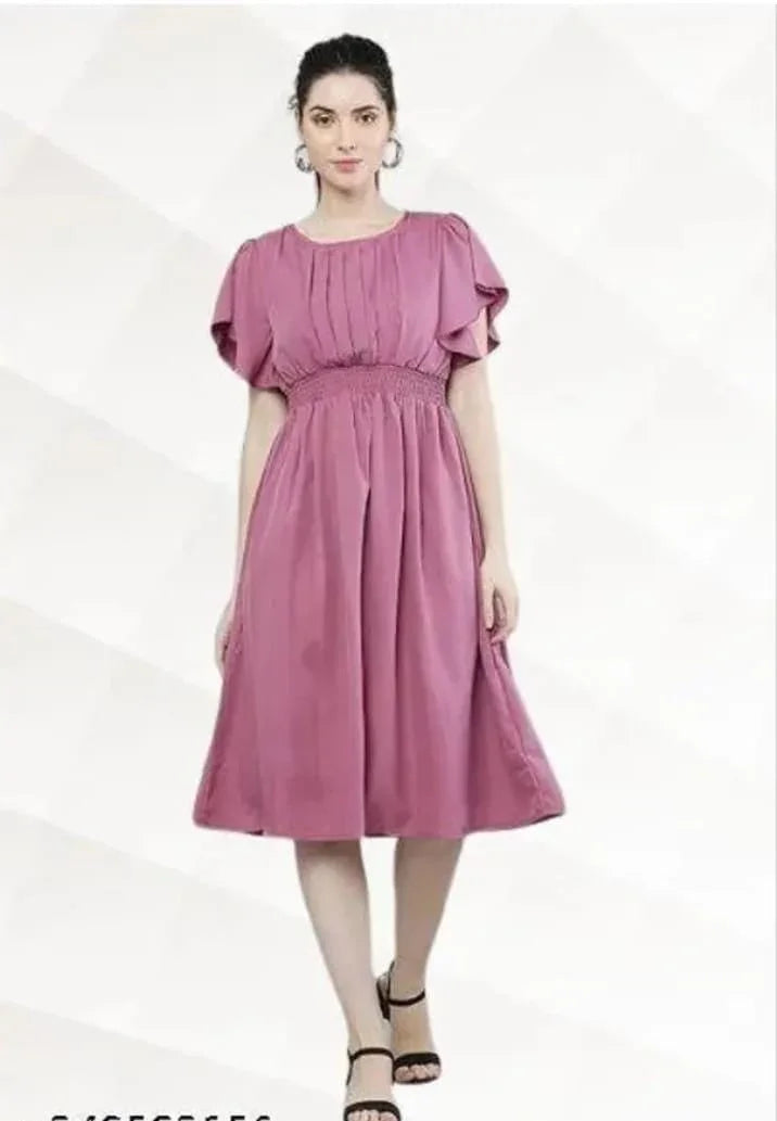 Women Pink Solid Viscose Rayon Fit And Flair Dress - ADRO CLOTHING AND ACCESSORIES