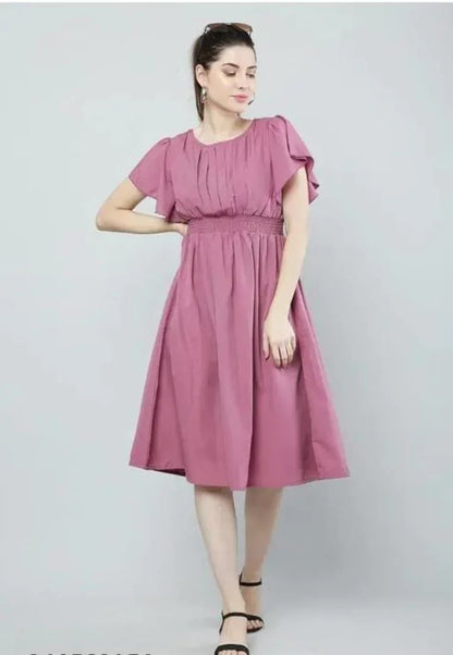 Women Pink Solid Viscose Rayon Fit And Flair Dress - ADRO CLOTHING AND ACCESSORIES