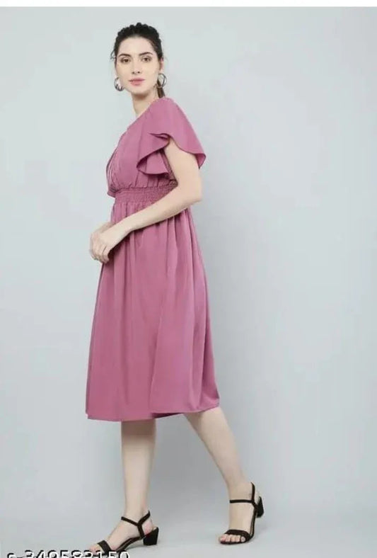 Women Pink Solid Viscose Rayon Fit And Flair Dress - ADRO CLOTHING AND ACCESSORIES