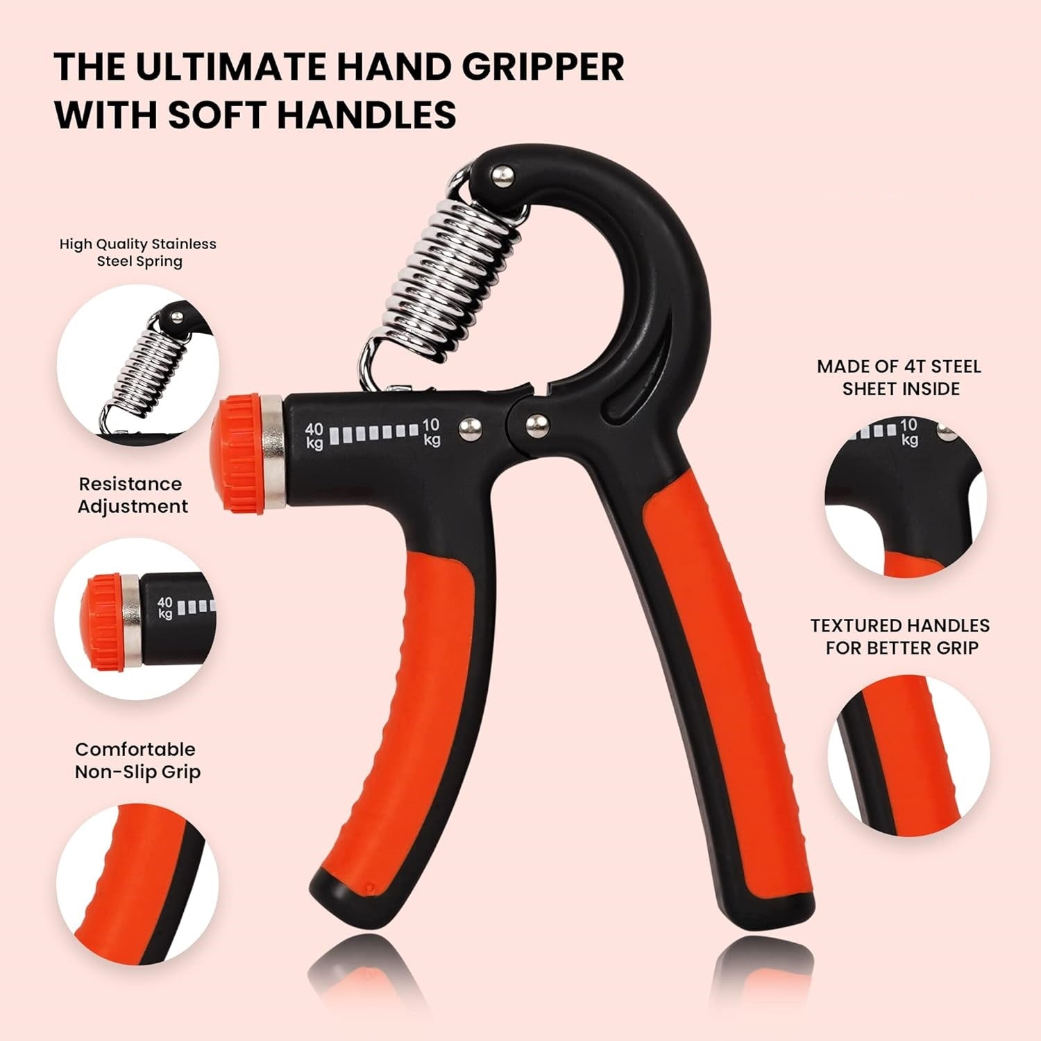 Premium Hand Grip Strengthener, Hand Exerciser Adjustable Resistance 10 To 40Kg, Grip Strength Trainer, Hand Gripper, Forearm Workout Training Equipment for Injury Recovery Athletes (Orange & Black) - ADRO CLOTHING AND ACCESSORIES