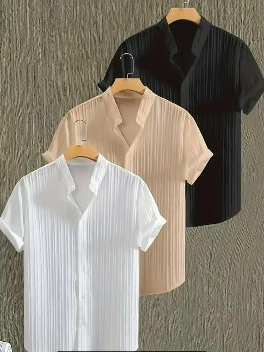 Men's Solid Retro Short Sleeves Button-Up Shirt Pack of 3 - ADRO CLOTHING AND ACCESSORIES