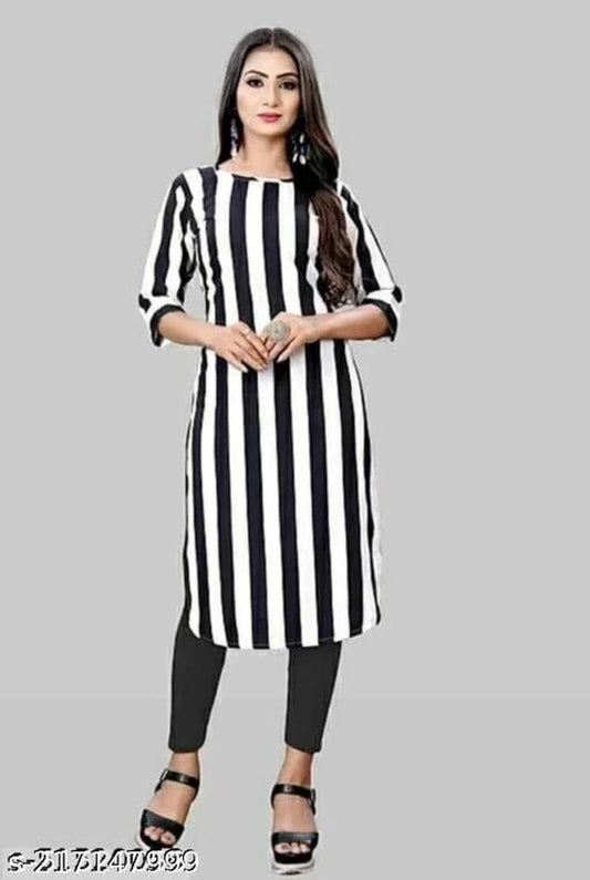 Crepe Striped Kurti for Women (Black & White, S) - ADRO CLOTHING AND ACCESSORIES