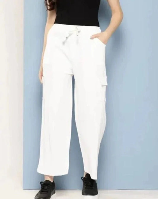 Cotton Blend Straight Fit Trouser for Women (White, S) - ADRO CLOTHING AND ACCESSORIES