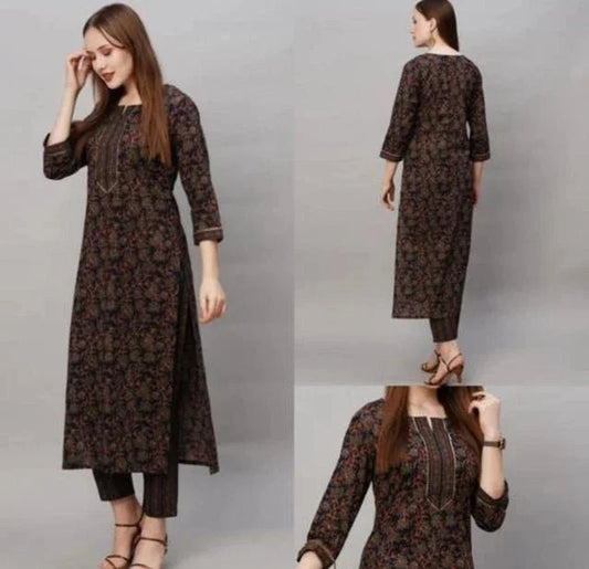 Cotton Blend Printed Kurti with Pant for Women (Multicolor, S) - ADRO CLOTHING AND ACCESSORIES