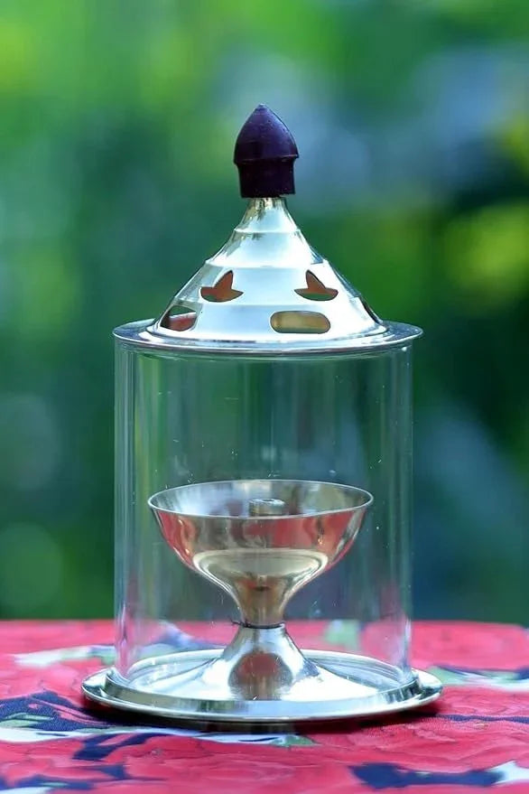 Brass & Glass Akhand Deep Diya with Cover for Puja – Oil Lamp - ADRO CLOTHING AND ACCESSORIES