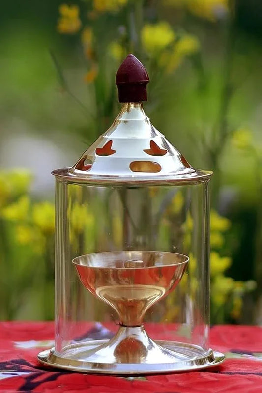 Brass & Glass Akhand Deep Diya with Cover for Puja – Oil Lamp - ADRO CLOTHING AND ACCESSORIES